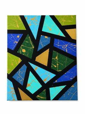 Abstract Geometric Home Art Painting in Blue, Green, Gold - 15.5” x 19.5”